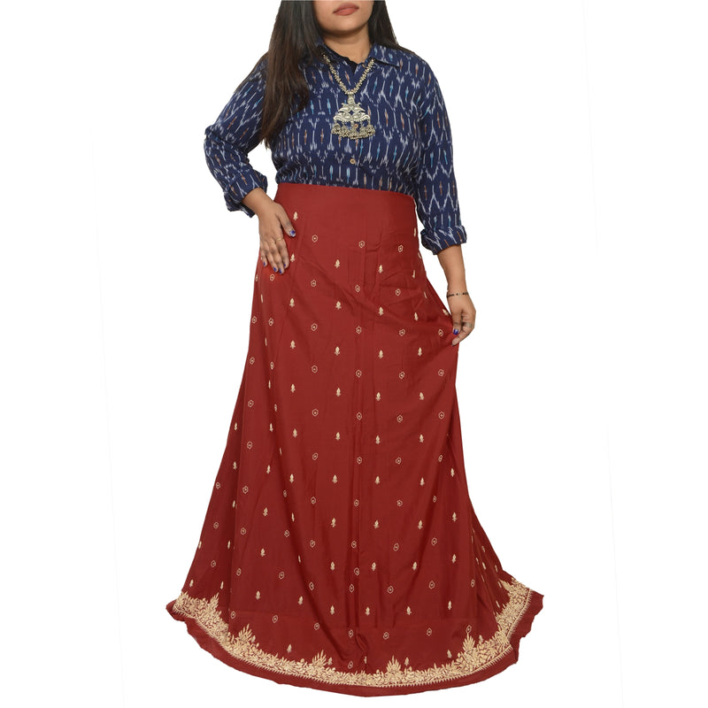 Sanskriti New Dark Red 100% Pure Silk Long Skirt Unstitched Hand Beaded Wedding