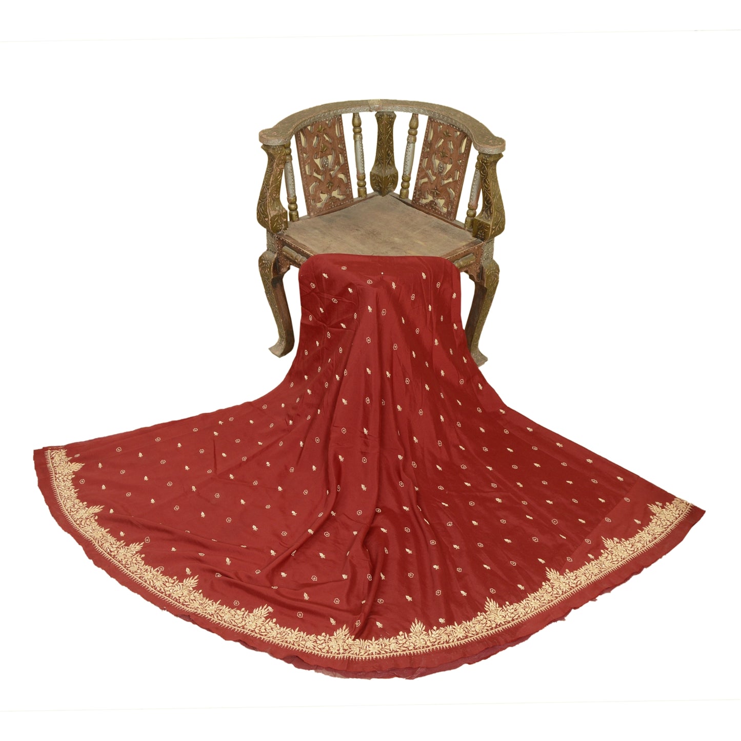 Sanskriti New Dark Red Long Skirt Pure Silk Hand Beaded Unstitched Lehenga