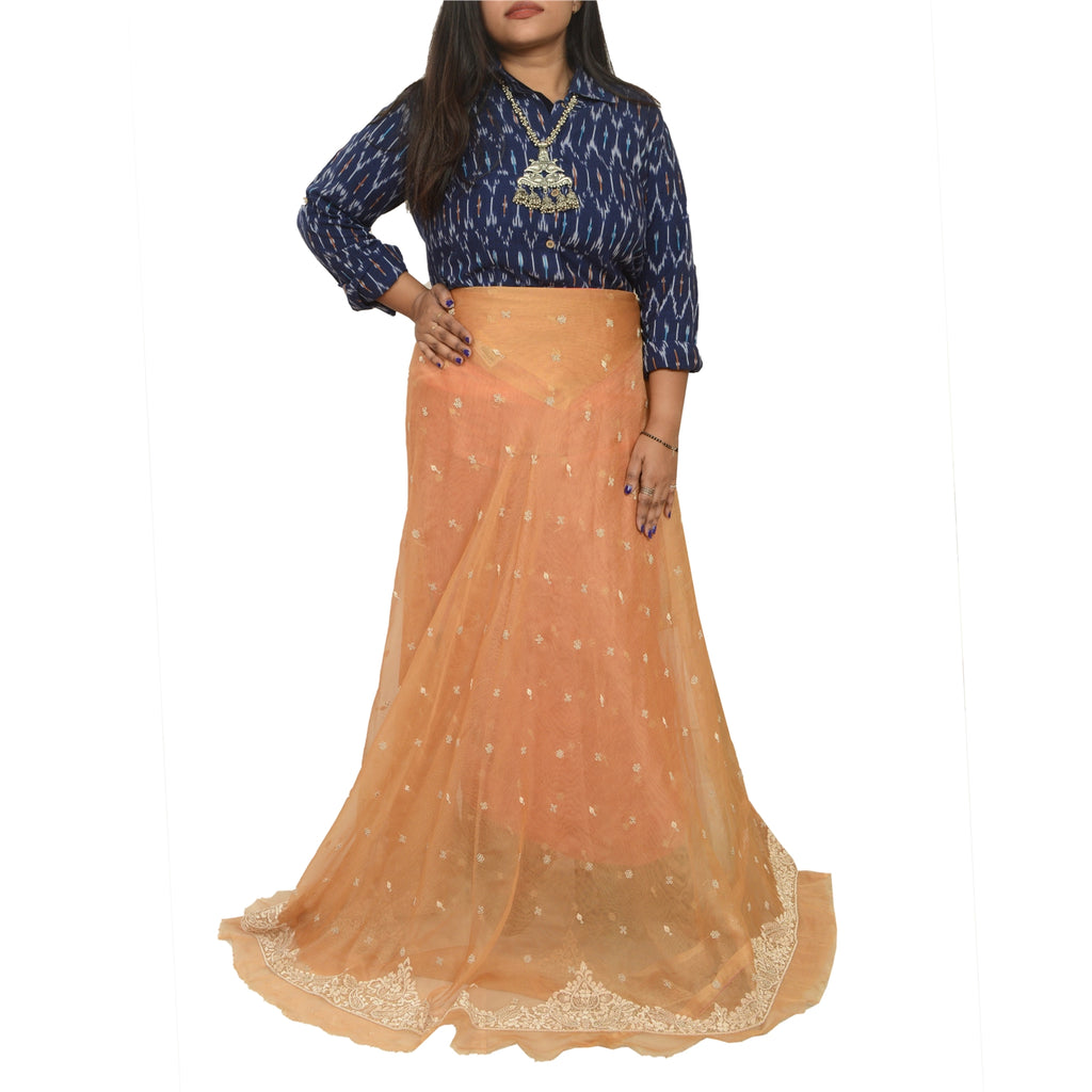 Sanskriti New Saffron Long Skirt Net Mesh Hand Beads Unstitched Zari Lehenga