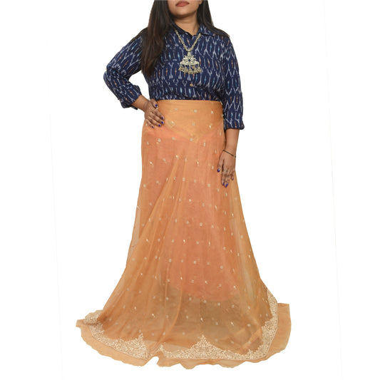 Sanskriti New Saffron Long Skirt Net Mesh Hand Beads Unstitched Zari Lehenga