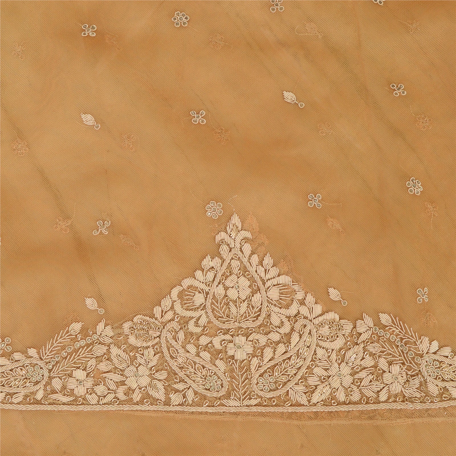 Sanskriti New Saffron Long Skirt Net Mesh Hand Beads Unstitched Zari Lehenga