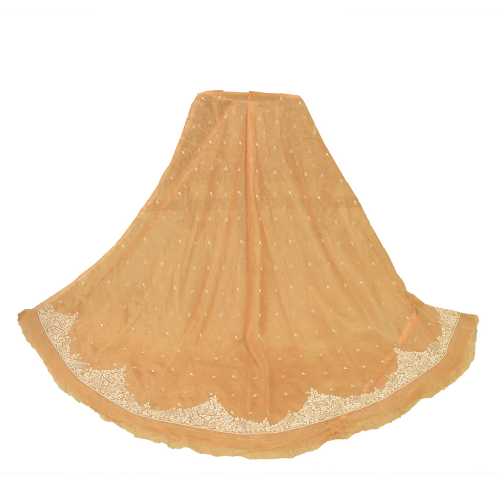 Sanskriti New Saffron Long Skirt Net Mesh Hand Beads Unstitched Zari Lehenga