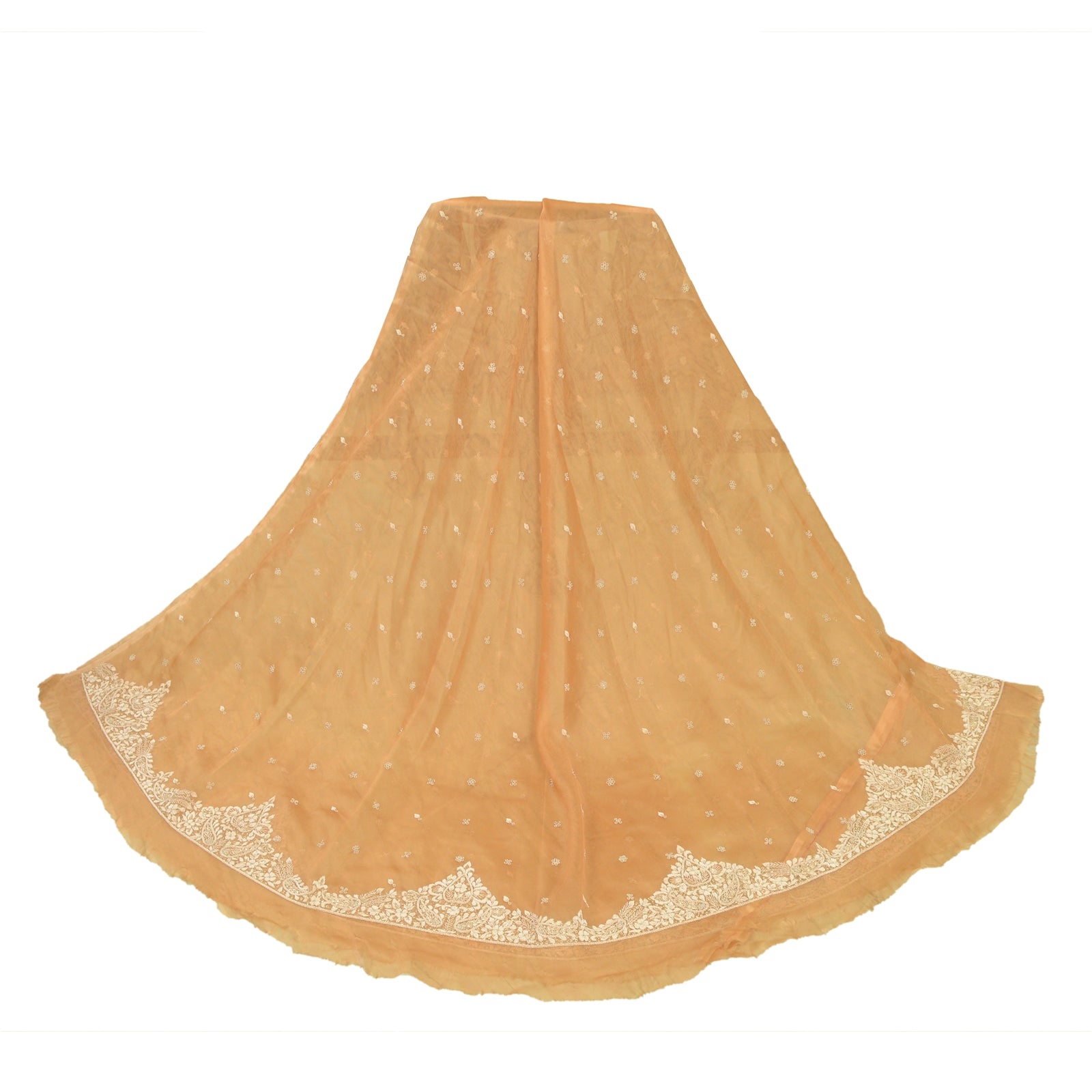 Sanskriti New Saffron Long Skirt Net Mesh Hand Beads Unstitched Zari Lehenga