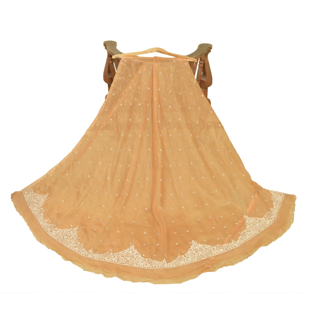 Sanskriti New Saffron Long Skirt Net Mesh Hand Beads Unstitched Zari Lehenga