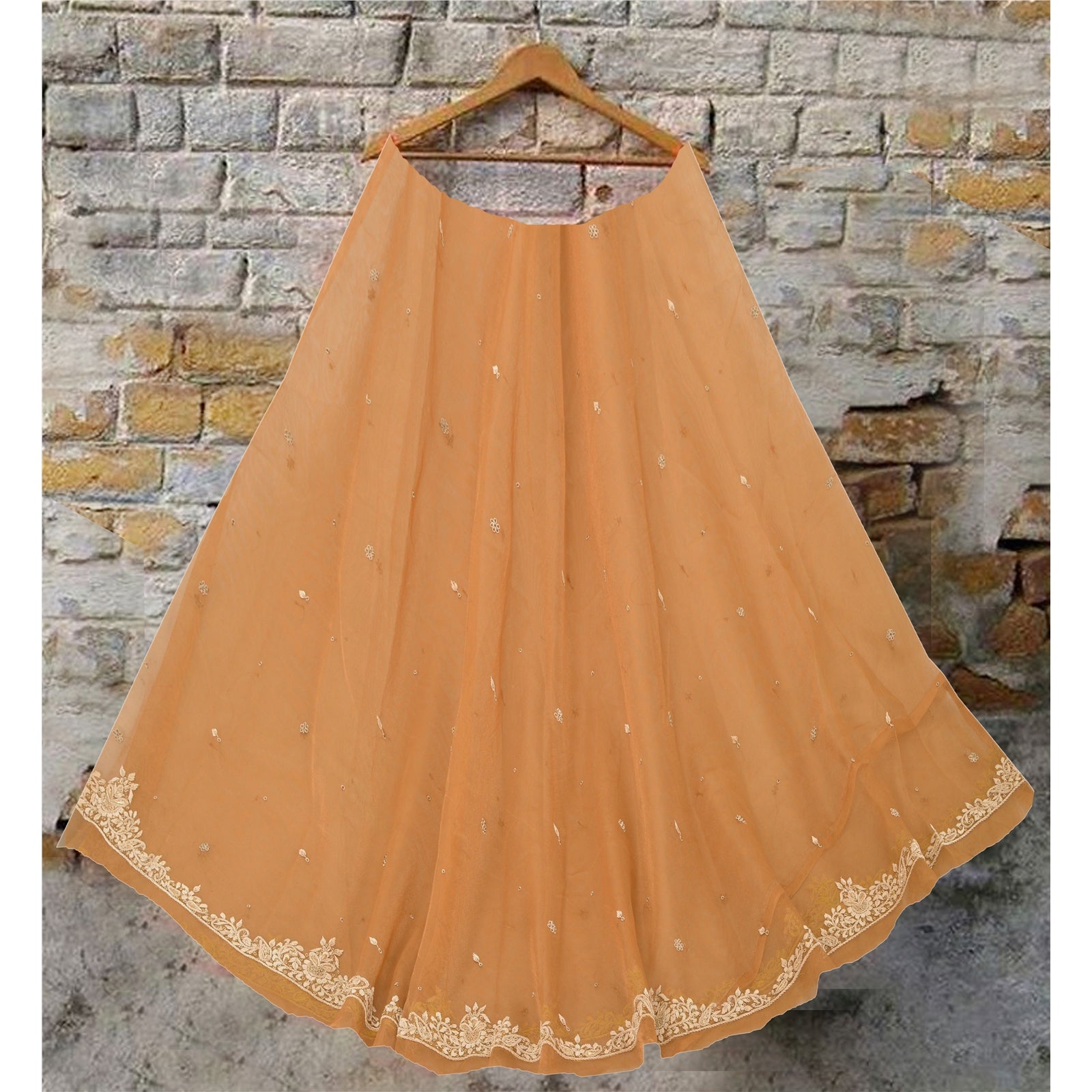 Sanskriti Vintage Golden Long Skirt Net Mesh Hand Embroidery Unstitched Lehenga