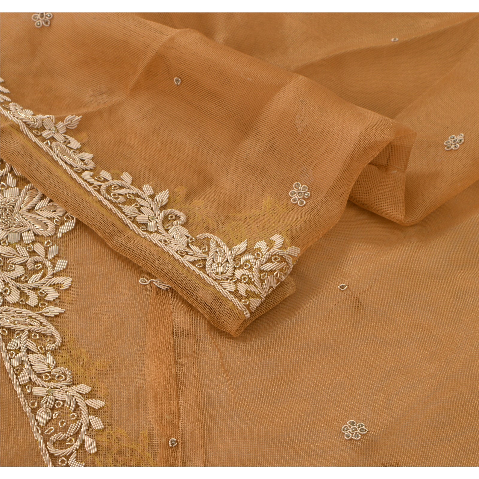 Sanskriti Vintage Golden Long Skirt Net Mesh Hand Embroidery Unstitched Lehenga