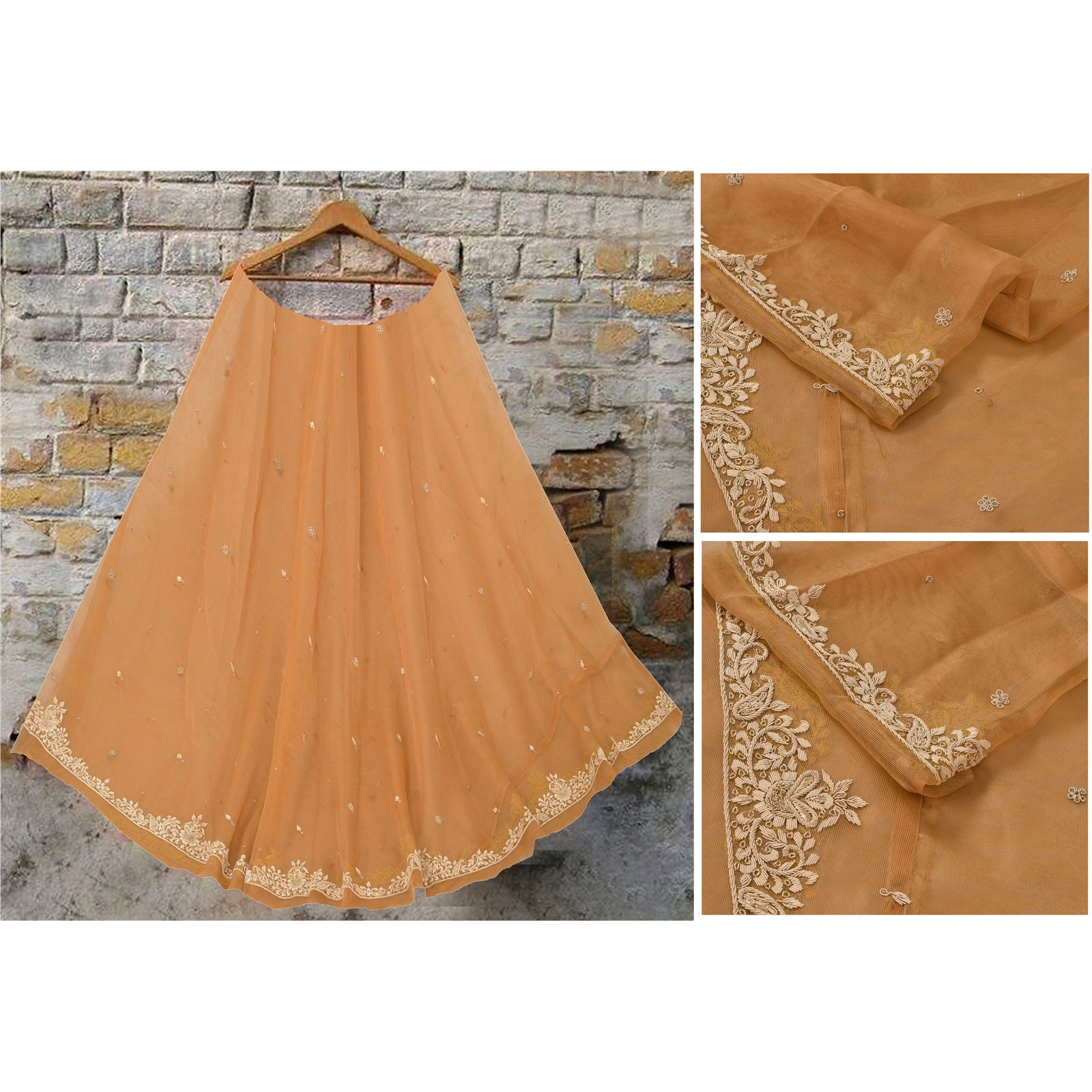 Sanskriti Vintage Golden Long Skirt Net Mesh Hand Embroidery Unstitched Lehenga