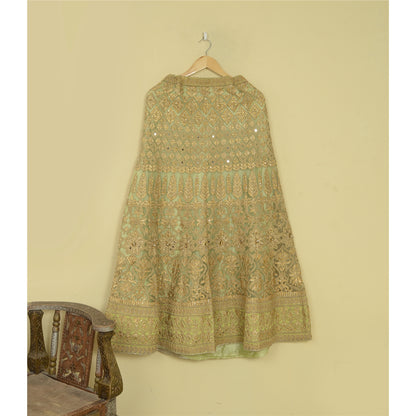 Sanskriti Vintage Green Net Mesh Skirt Long Stitched Hand Beaded Partywear Dress