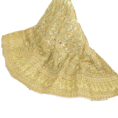 Sanskriti Vintage Green Net Mesh Skirt Long Stitched Hand Beaded Partywear Dress