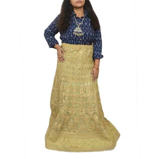 Sanskriti Vintage Green Net Mesh Skirt Long Stitched Hand Beaded Partywear Dress