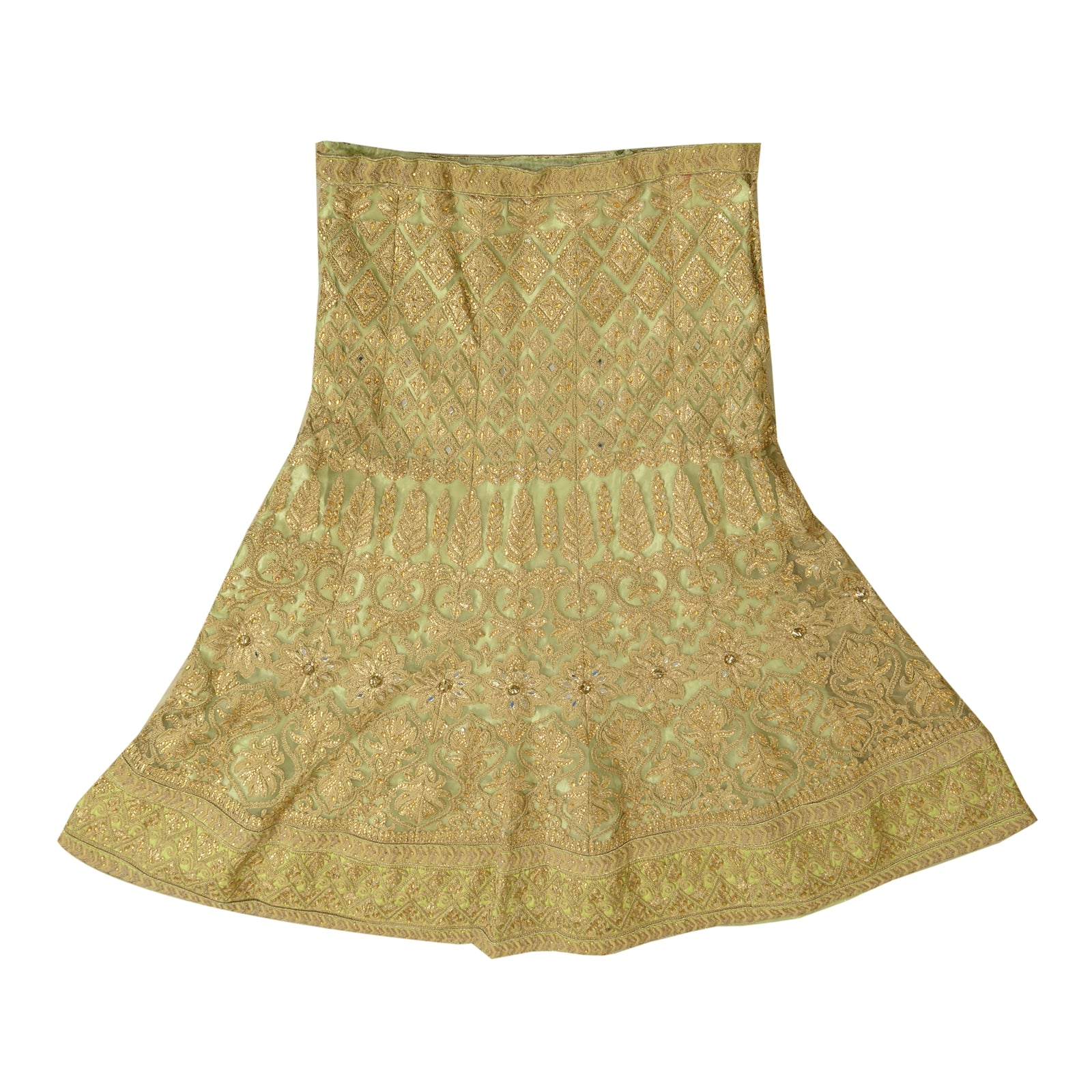 Sanskriti Vintage Green Net Mesh Skirt Long Stitched Hand Beaded Partywear Dress