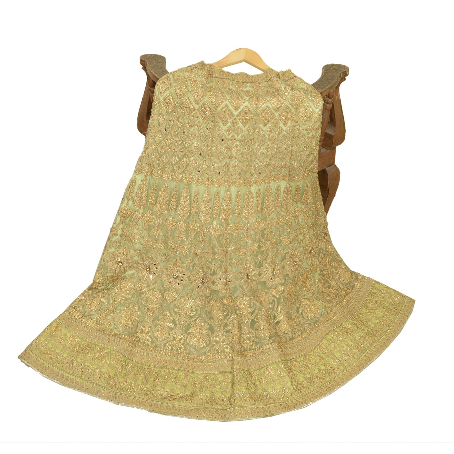 Sanskriti Vintage Green Net Mesh Skirt Long Stitched Hand Beaded Partywear Dress