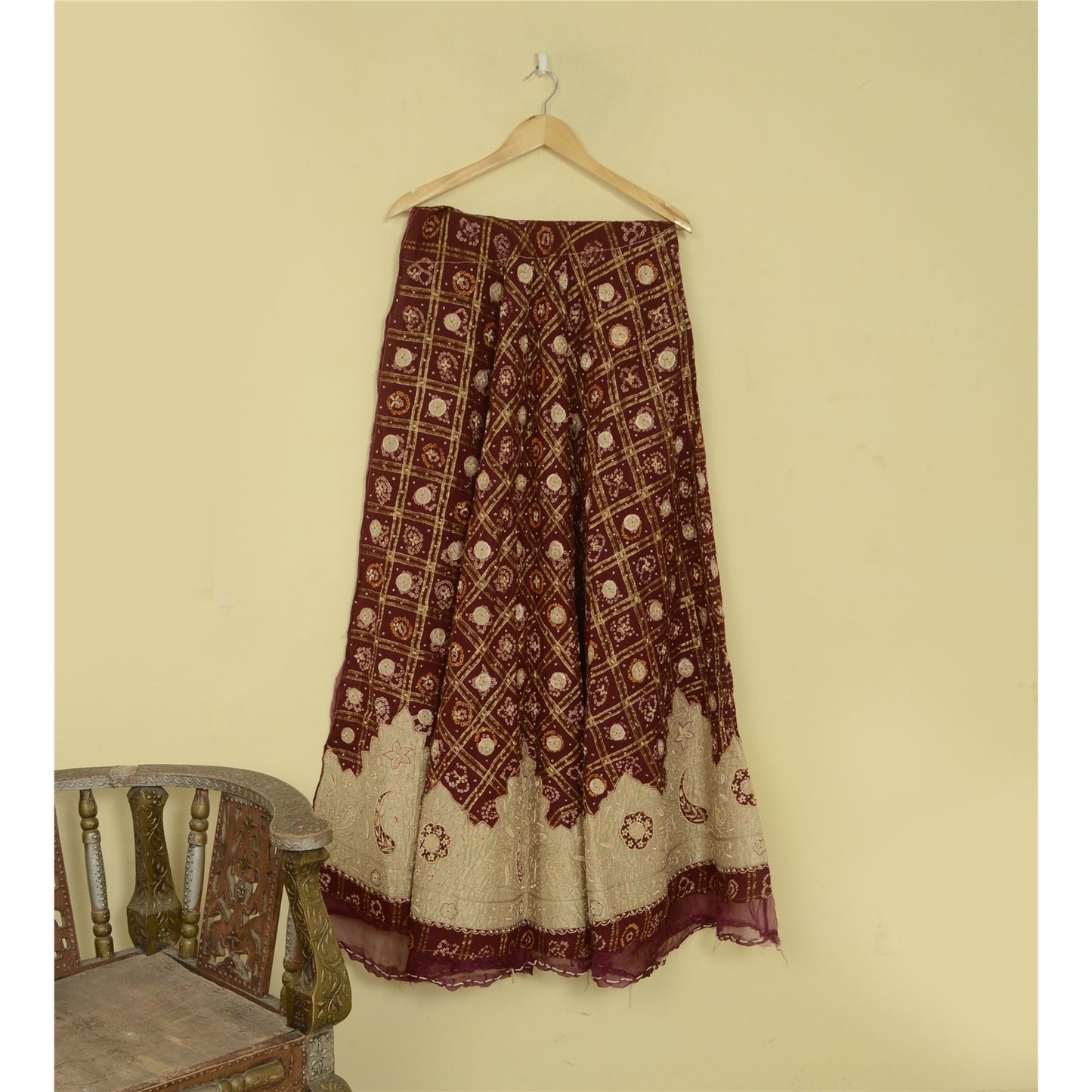 Sanskriti New Dark Red Pure Cotton Long Skirt Unstitched Hand Bead Bandhani Zari Zardozi Dabka