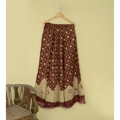 Sanskriti New Dark Red Pure Cotton Long Skirt Unstitched Hand Bead Bandhani Zari Zardozi Dabka