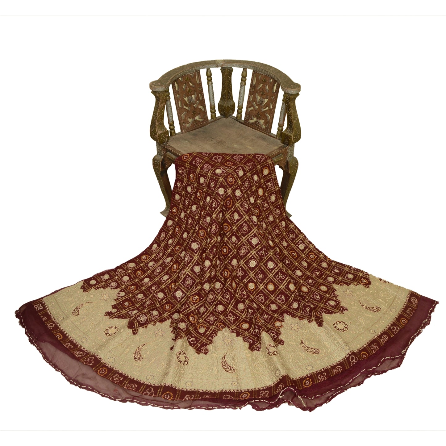 Sanskriti New Dark Red Pure Cotton Long Skirt Unstitched Hand Bead Bandhani Zari Zardozi Dabka