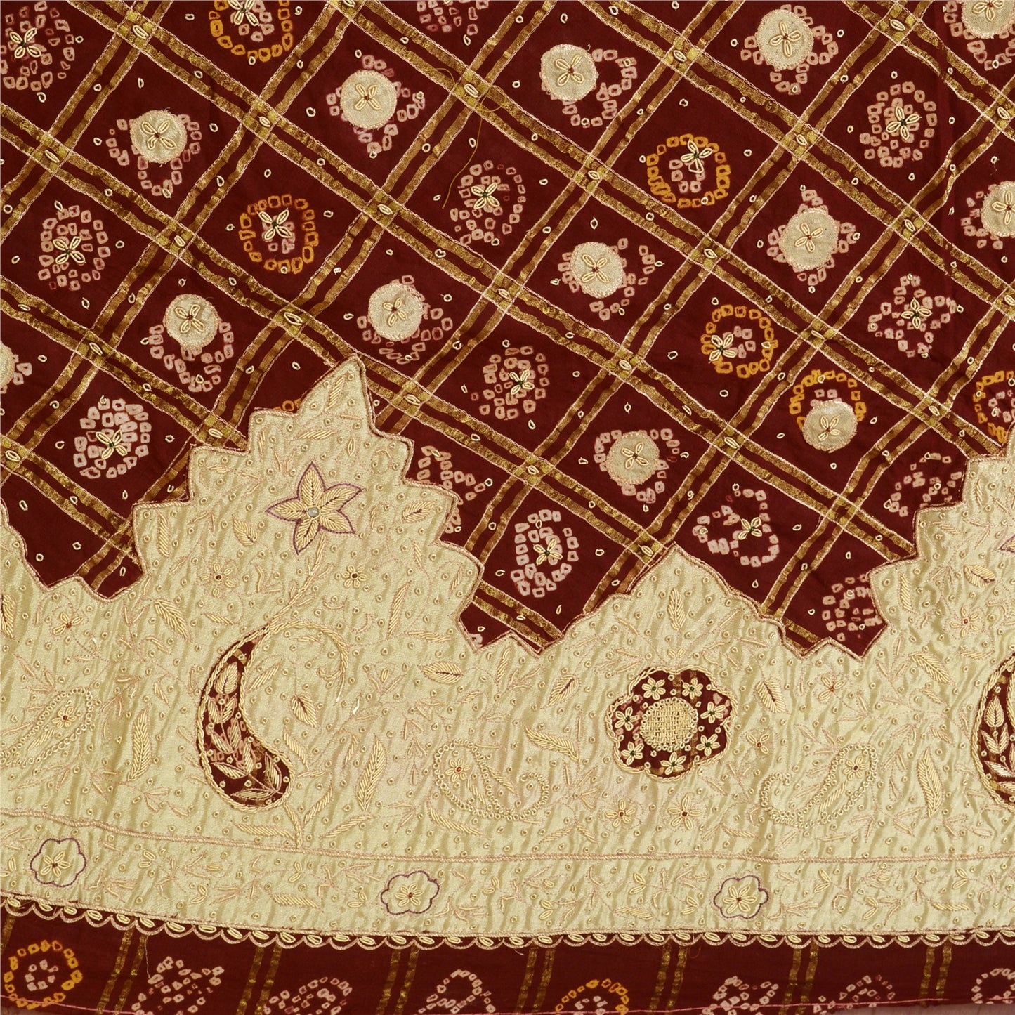 Sanskriti New Dark Red Pure Cotton Long Skirt Unstitched Hand Bead Bandhani Zari Zardozi Dabka