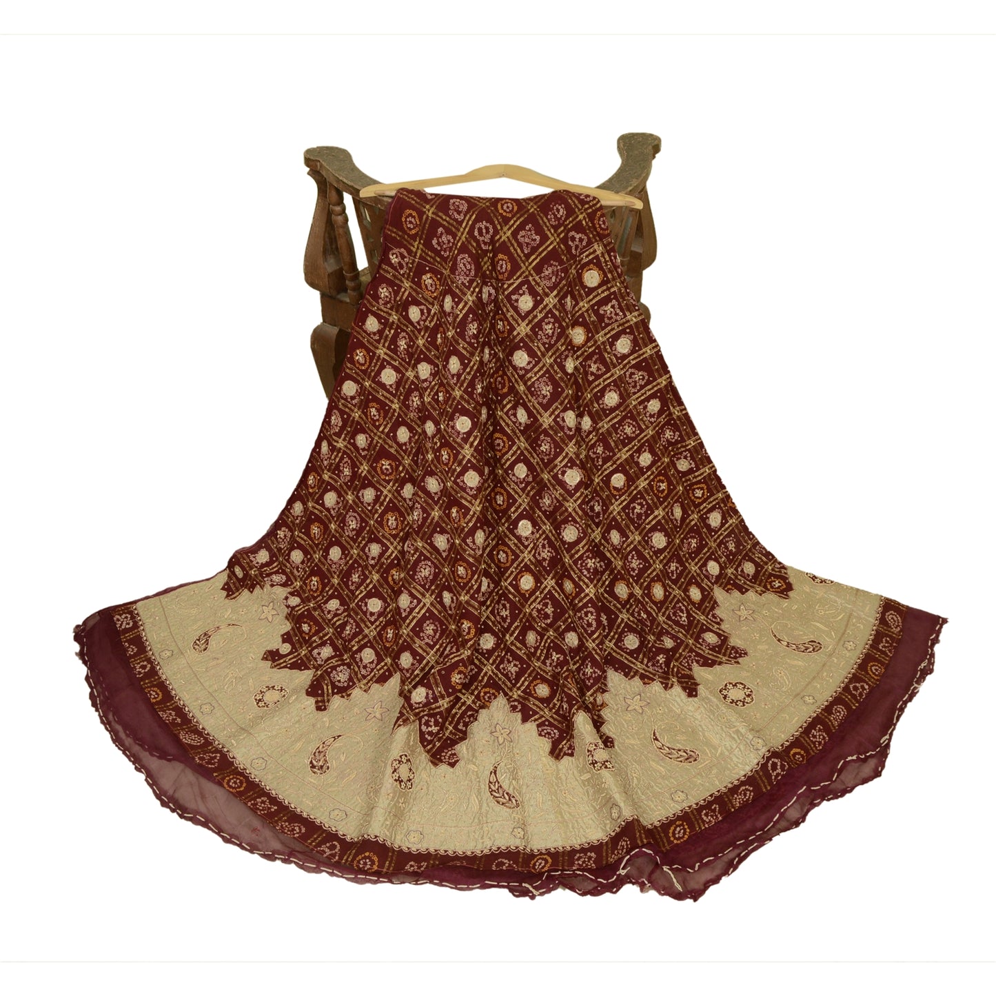 Sanskriti New Dark Red Pure Cotton Long Skirt Unstitched Hand Bead Bandhani Zari Zardozi Dabka