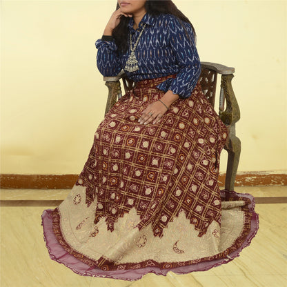 Sanskriti New Dark Red Pure Cotton Long Skirt Unstitched Hand Bead Bandhani Zari Zardozi Dabka