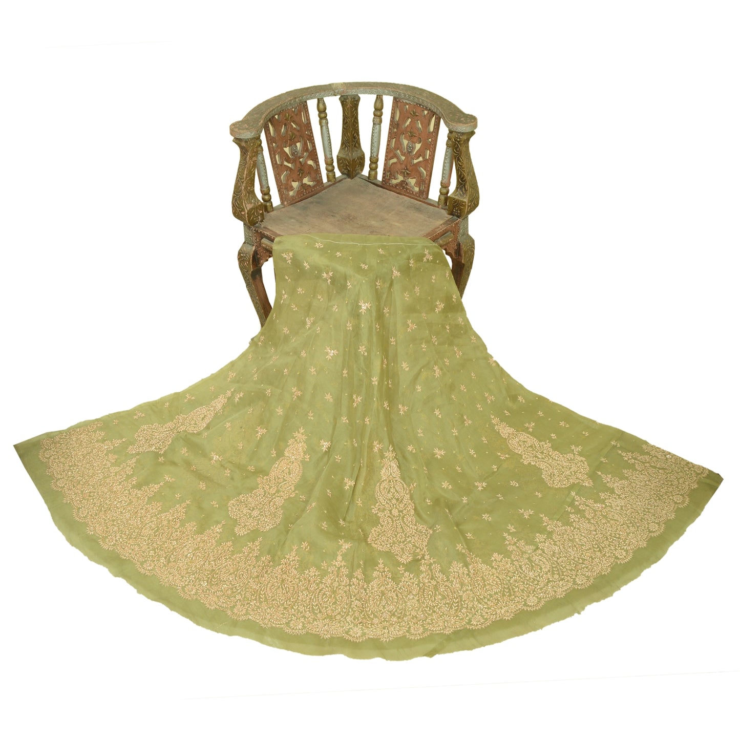 Sanskriti New Green Long Skirt Net Mesh Hand Embroidered Unstitched Lehenga