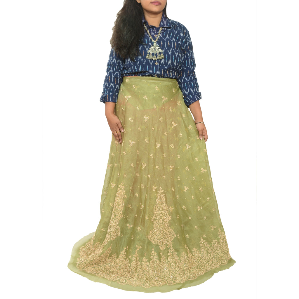 Sanskriti New Green Long Skirt Net Mesh Hand Embroidered Unstitched Lehenga