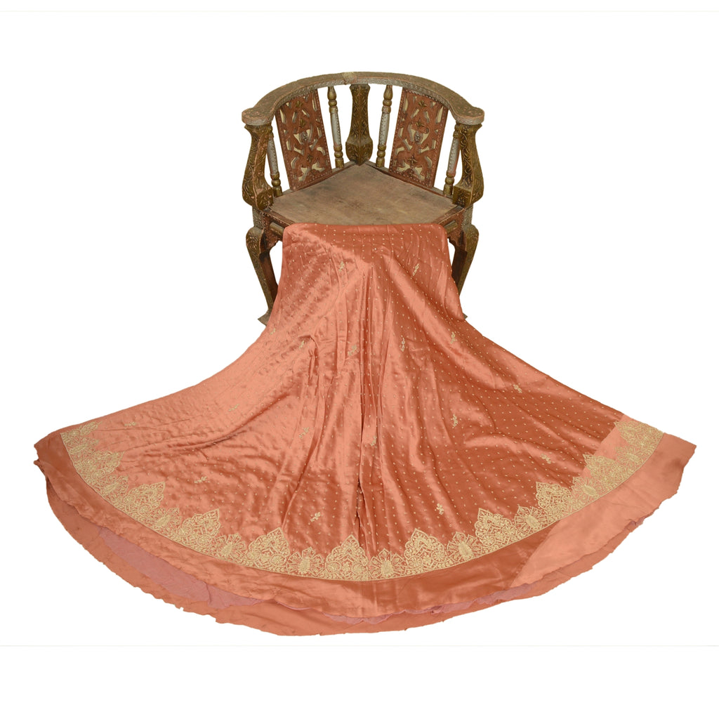 Sanskriti New Peach Pure Satin Silk Long Skirt Unstitched Hand Embroidered Zari