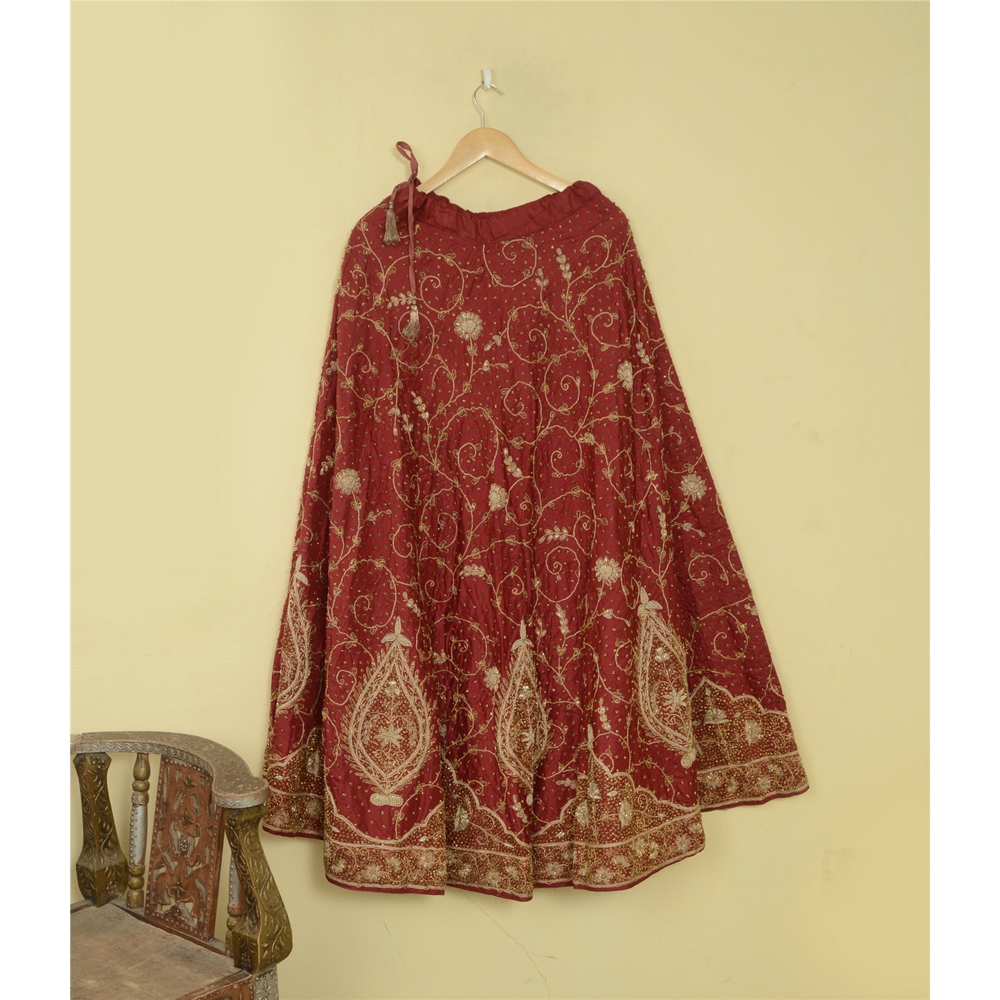 Sanskriti Vintage Dark Red Long Skirt Pure Silk Hand Embroidery Stitched Lehenga