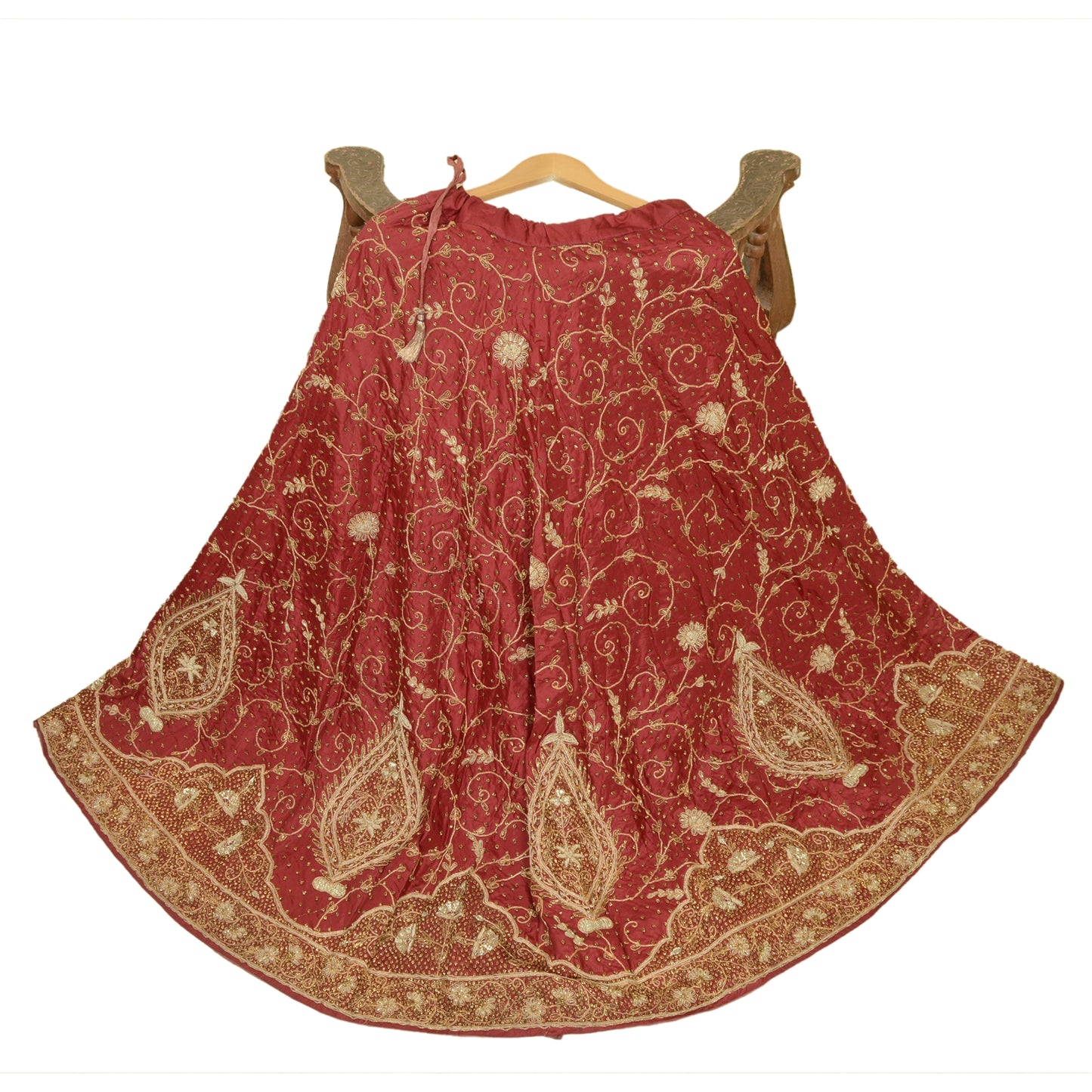 Sanskriti Vintage Dark Red Long Skirt Pure Silk Hand Embroidery Stitched Lehenga