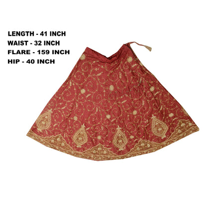 Sanskriti Vintage Dark Red Long Skirt Pure Silk Hand Embroidery Stitched Lehenga