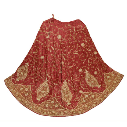 Sanskriti Vintage Dark Red Long Skirt Pure Silk Hand Embroidery Stitched Lehenga