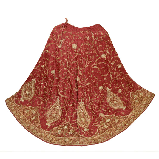 Sanskriti Vintage Dark Red Long Skirt Pure Silk Hand Embroidery Stitched Lehenga
