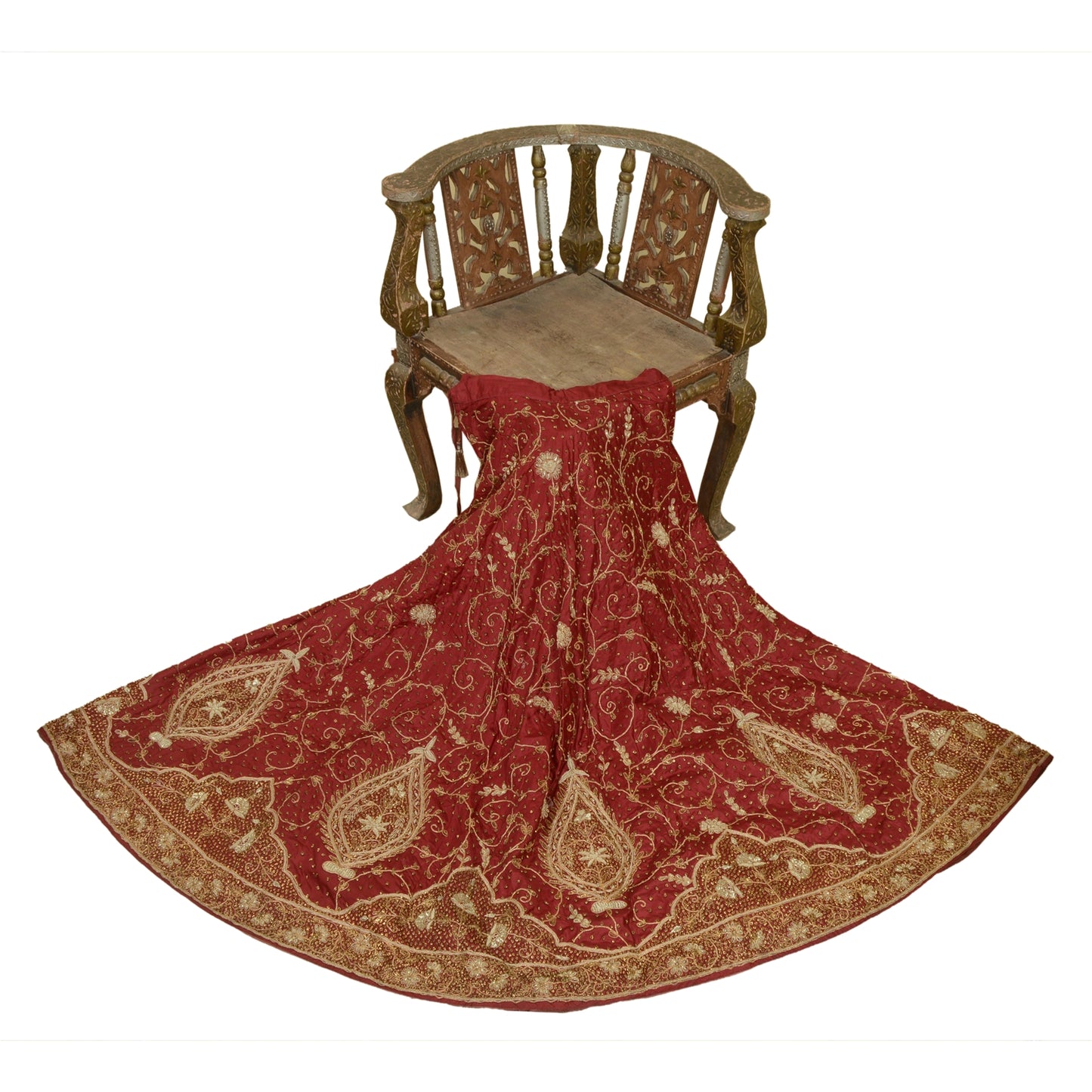 Sanskriti Vintage Dark Red Long Skirt Pure Silk Hand Embroidery Stitched Lehenga