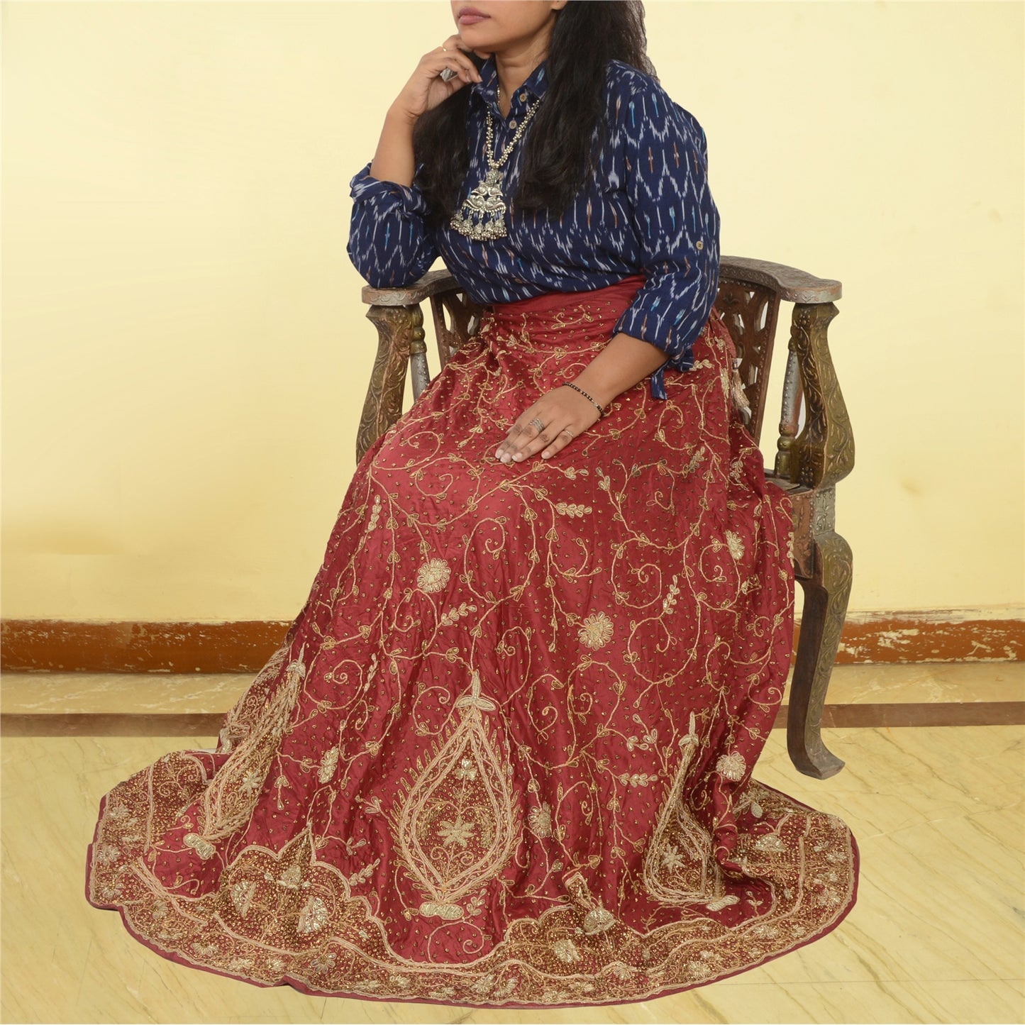 Sanskriti Vintage Dark Red Long Skirt Pure Silk Hand Embroidery Stitched Lehenga