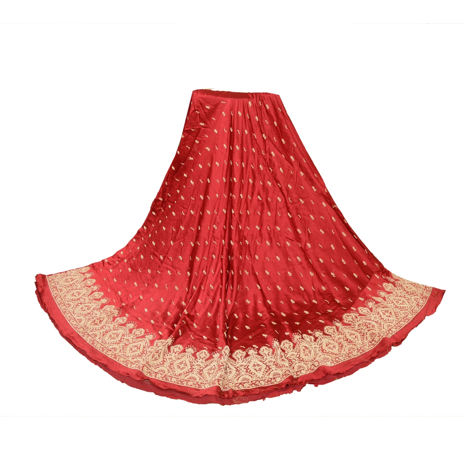 Sanskriti New Red Long Skirt Pure Satin Hand Embroidered Unstitched Lehenga
