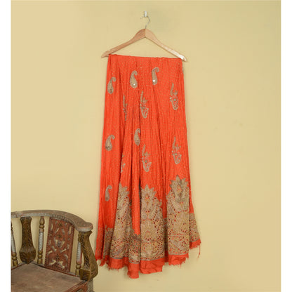 Sanskriti New Orange Long Skirt Pure Silk Hand Beaded Zari Unstitched Lehenga