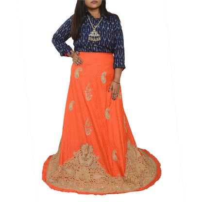 Sanskriti New Orange Long Skirt Pure Silk Hand Beaded Zari Unstitched Lehenga