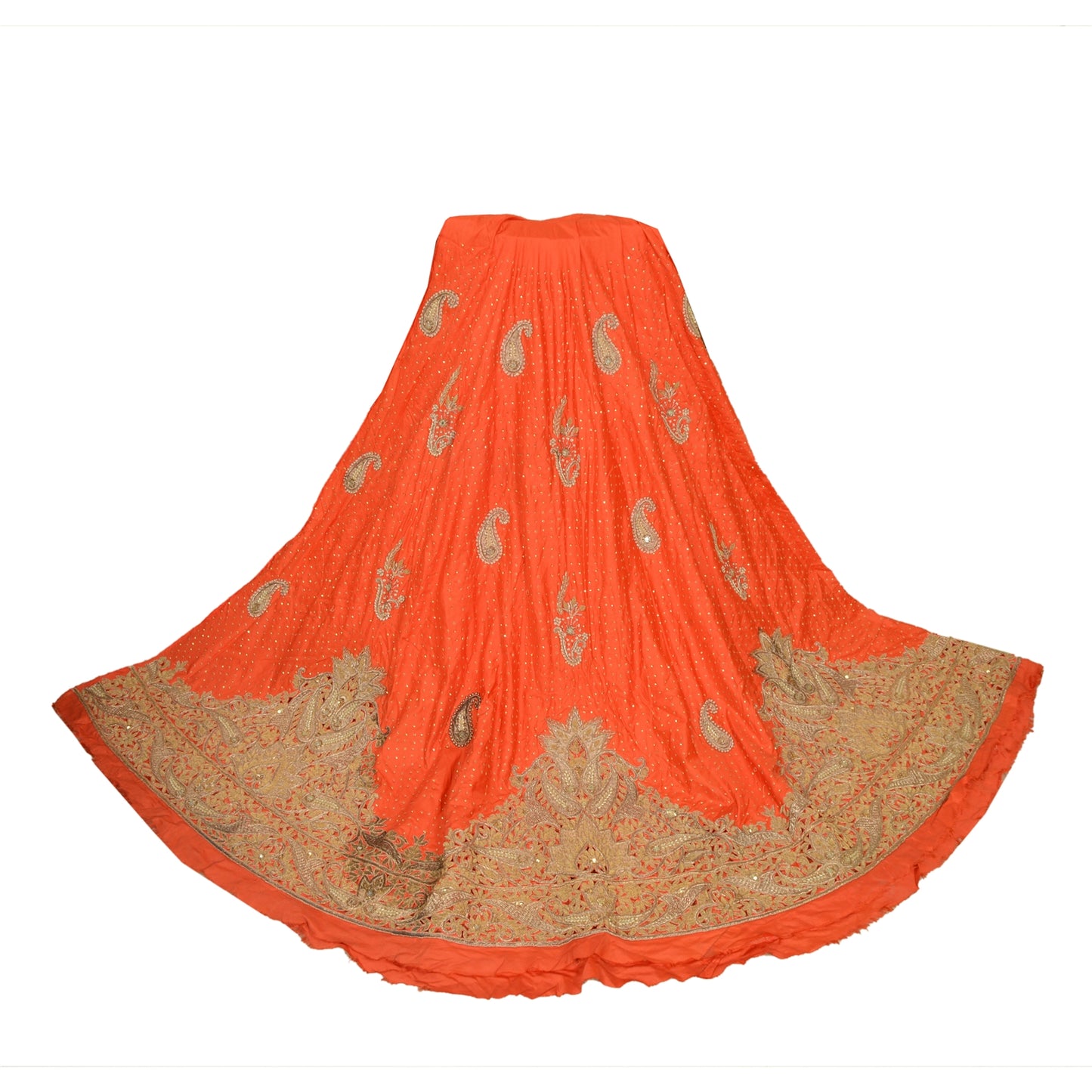 Sanskriti New Orange Long Skirt Pure Silk Hand Beaded Zari Unstitched Lehenga