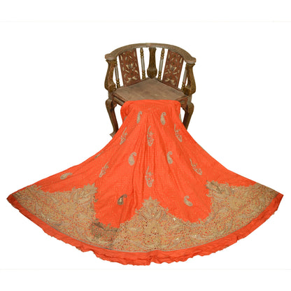 Sanskriti New Orange Long Skirt Pure Silk Hand Beaded Zari Unstitched Lehenga