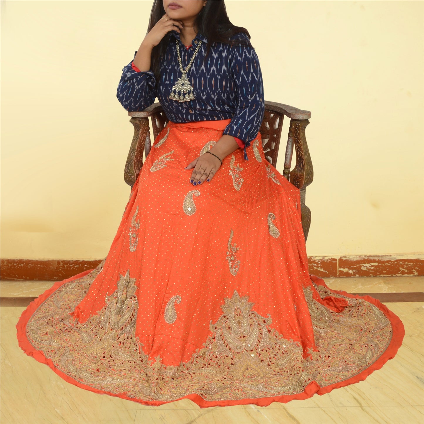 Sanskriti New Orange Long Skirt Pure Silk Hand Beaded Zari Unstitched Lehenga
