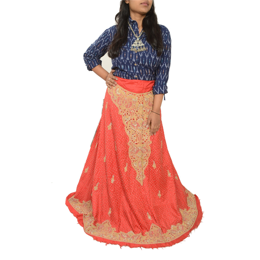 Sanskriti New Red 100% Pure Silk Long Skirt Hand Embroidered Unstitched Zardozi
