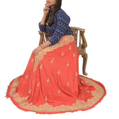 Sanskriti New Red 100% Pure Silk Long Skirt Hand Embroidered Unstitched Zardozi