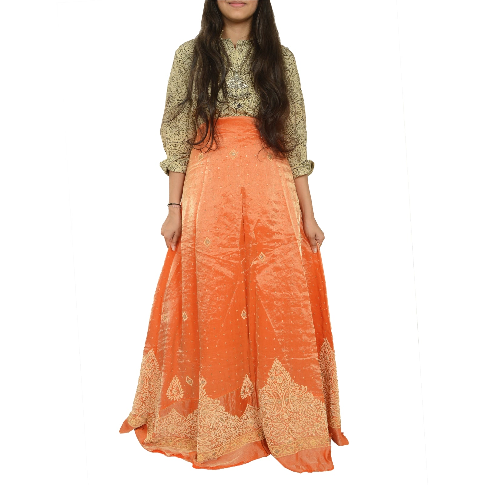 Sanskriti New Orange 100% Pure Tissue Silk Long Skirt Unstitched Hand Embroidery