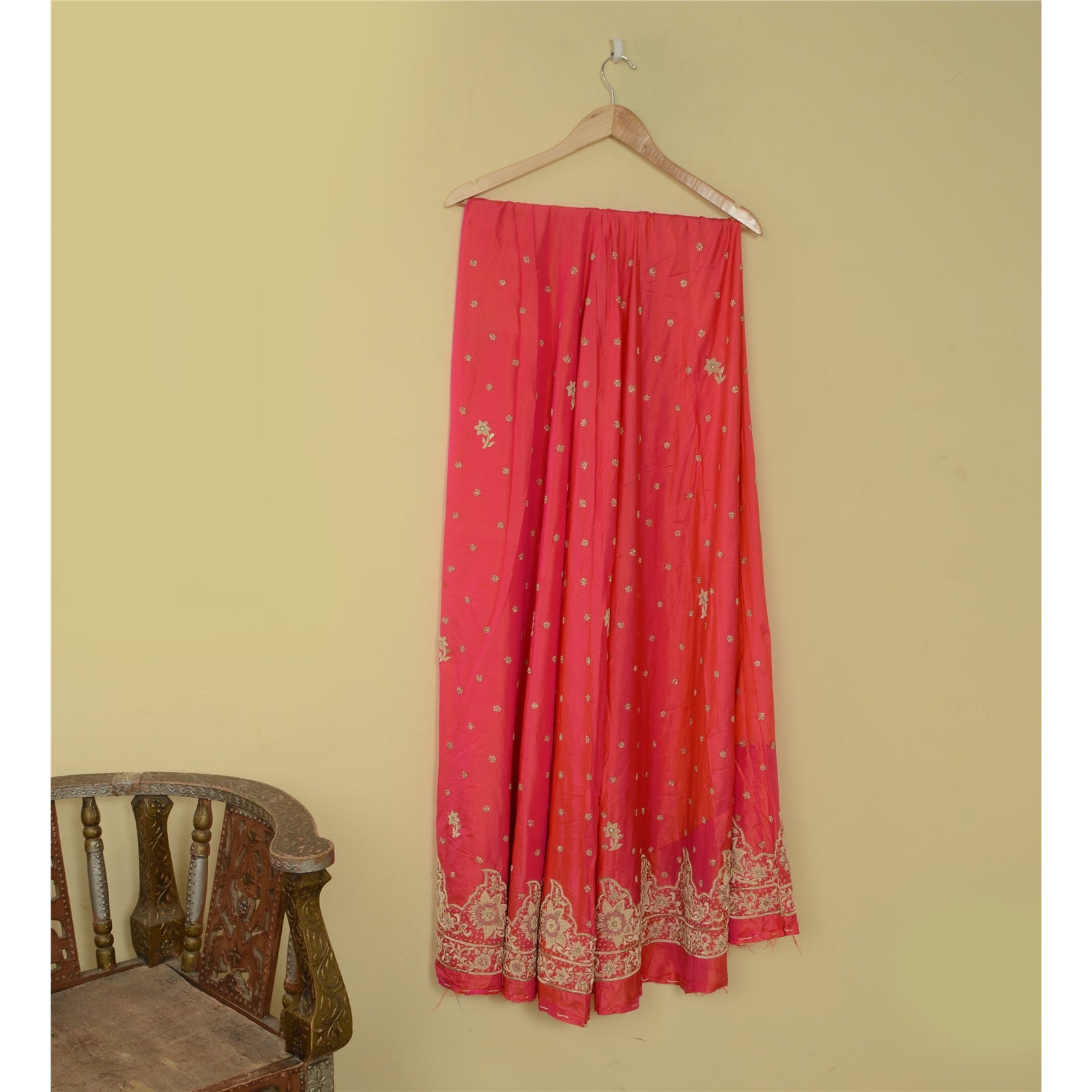 Sanskriti Vintage Hot Pink Pure Silk Skirt Unstitched Hand Embroidered Zardozi