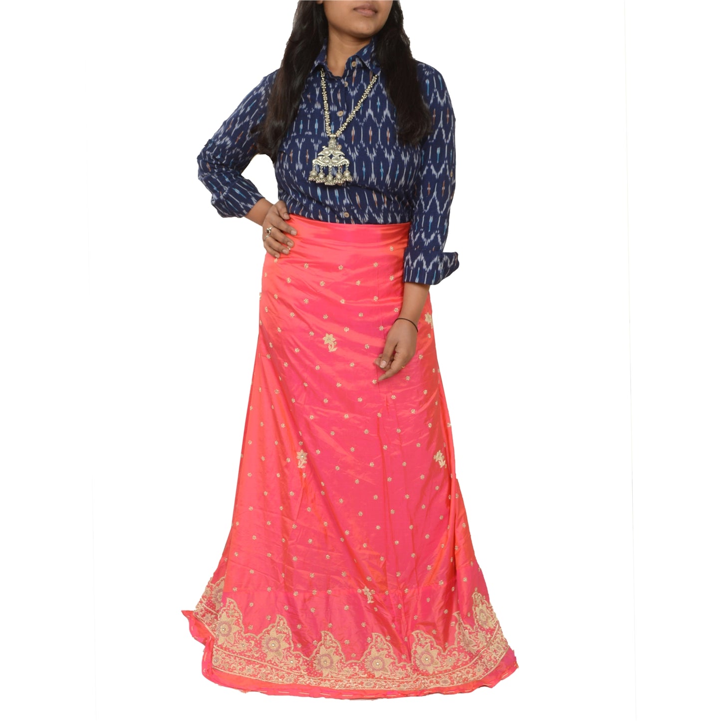 Sanskriti New Hot Pink Long Skirt Pure Silk Hand Beaded Unstitched Lehenga