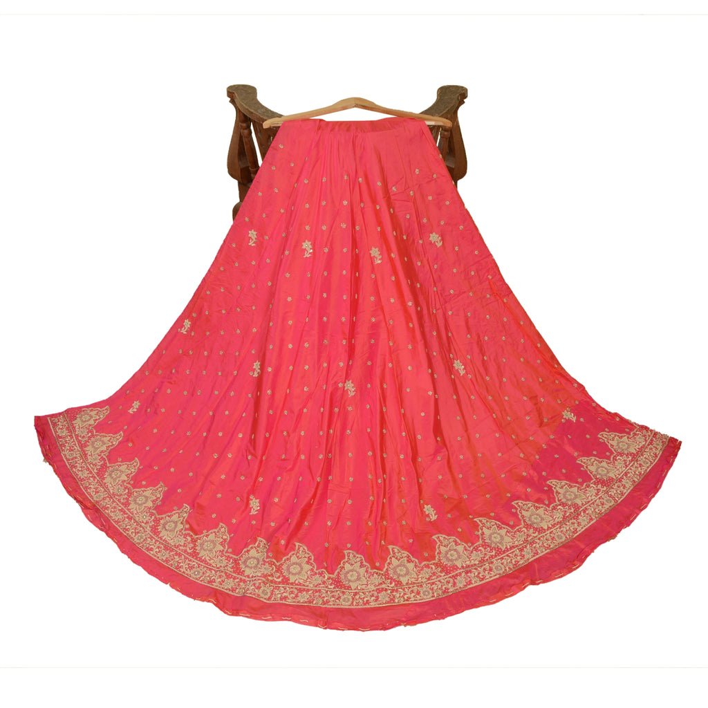 Sanskriti Vintage Hot Pink Pure Silk Skirt Unstitched Hand Embroidered Zardozi