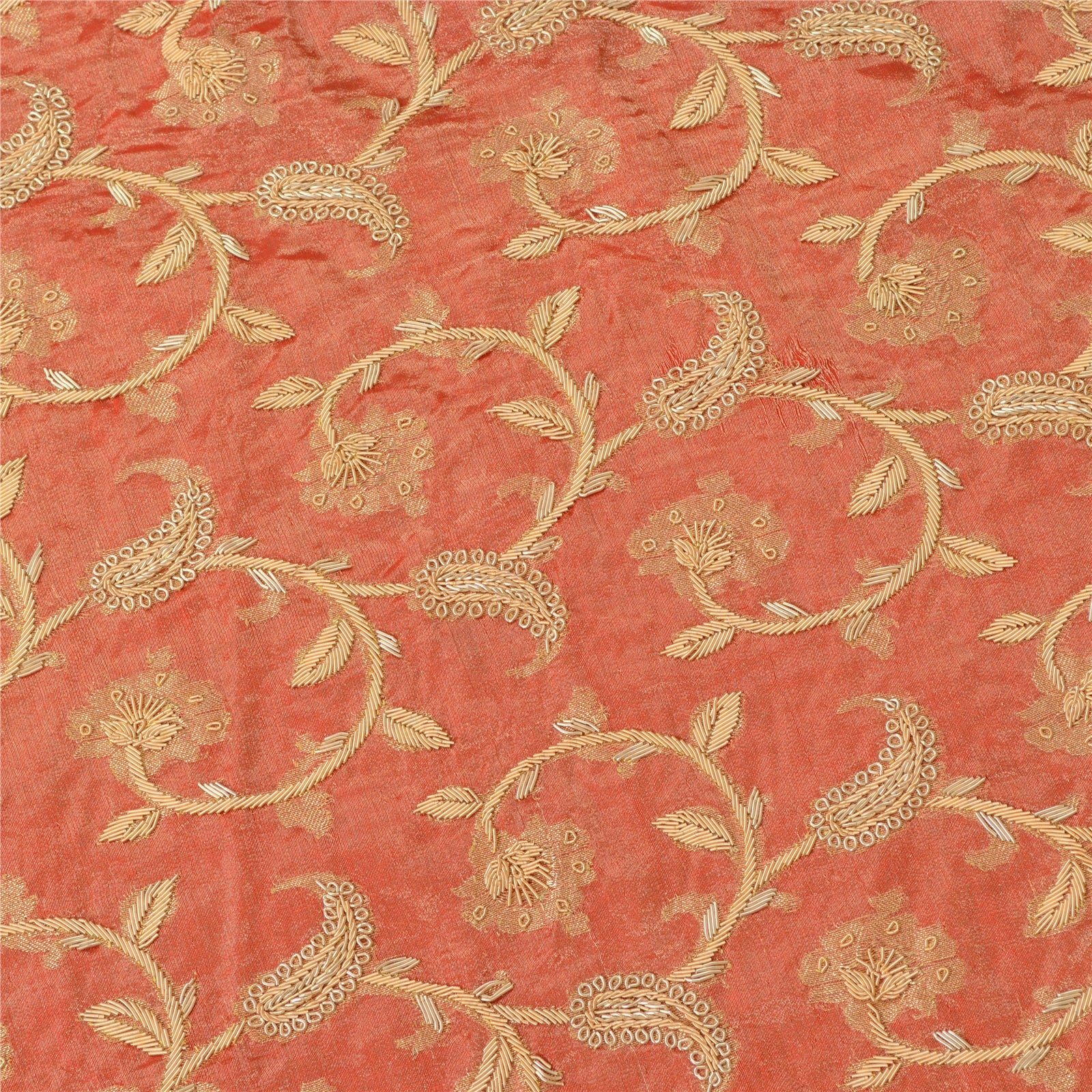 Sanskriti New Red Pure Tissue Long Skirt Unstitched Hand Embroidery Real Zardozi