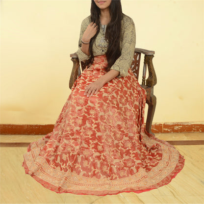 Sanskriti New Red Pure Tissue Long Skirt Unstitched Hand Embroidery Real Zardozi