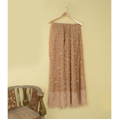 Sanskriti New Brown Pure Tissue Long Skirt Unstitched Hand Bead Antique Zardozi