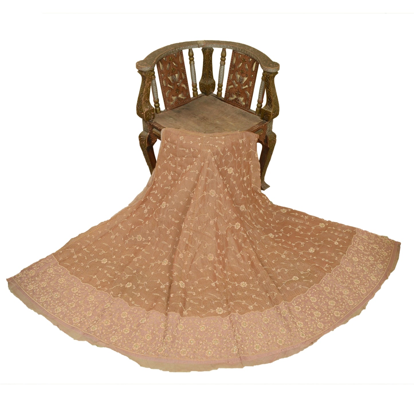 Sanskriti New Brown Pure Tissue Long Skirt Unstitched Hand Bead Antique Zardozi