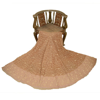Sanskriti New Brown Pure Tissue Long Skirt Unstitched Hand Bead Antique Zardozi