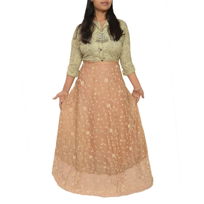 Sanskriti New Brown Long Skirt Pure Silk Hand Beaded Zari Unstitched Lehenga